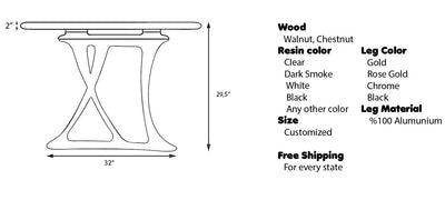 Custom epoxy resin dining room table with walnut wood and rose gold aluminum legs