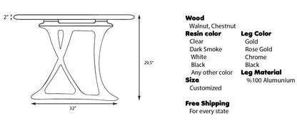 Custom epoxy resin dining room table with walnut wood and rose gold aluminum legs