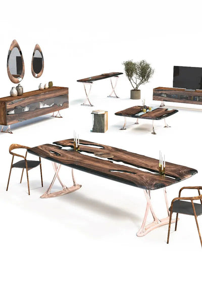 Custom epoxy resin dining room table with walnut wood and rose gold aluminum legs