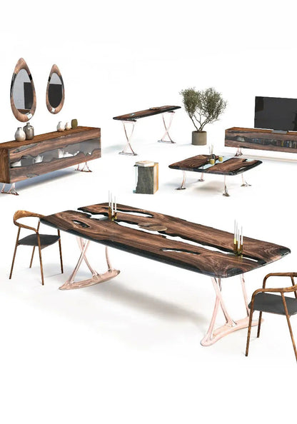 Custom epoxy resin dining room table with walnut wood and rose gold aluminum legs