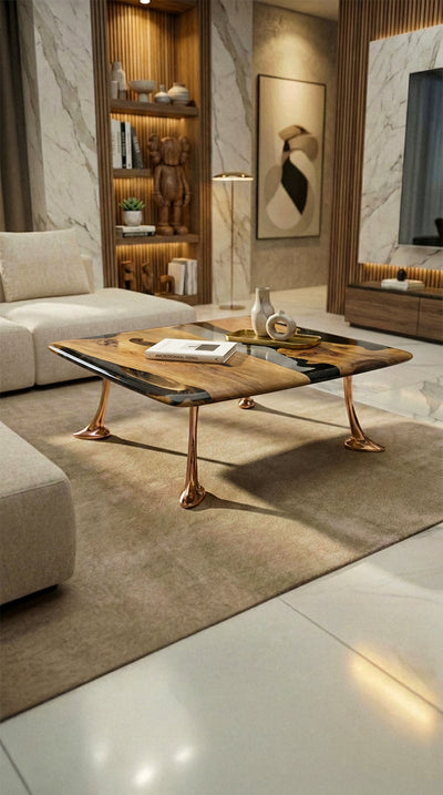 Luxury Epoxy Resin River Walnut Coffee Table with aluminum cast legs from the Osso Collection