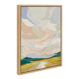 Abstract landscape painting with layered pastel clouds over green and yellow hills, presented in a light wooden frame from a slight angle.