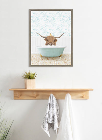 Sylvie Highland Cow and Duckling in Little Fish Bath Framed Canvas by Amy Peterson Art Studio