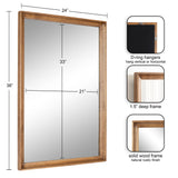 Rectangular wall mirror with a solid wood frame finished in natural rustic tone, shown with measurements and details of D-ring hangers and 1.5-inch frame depth.