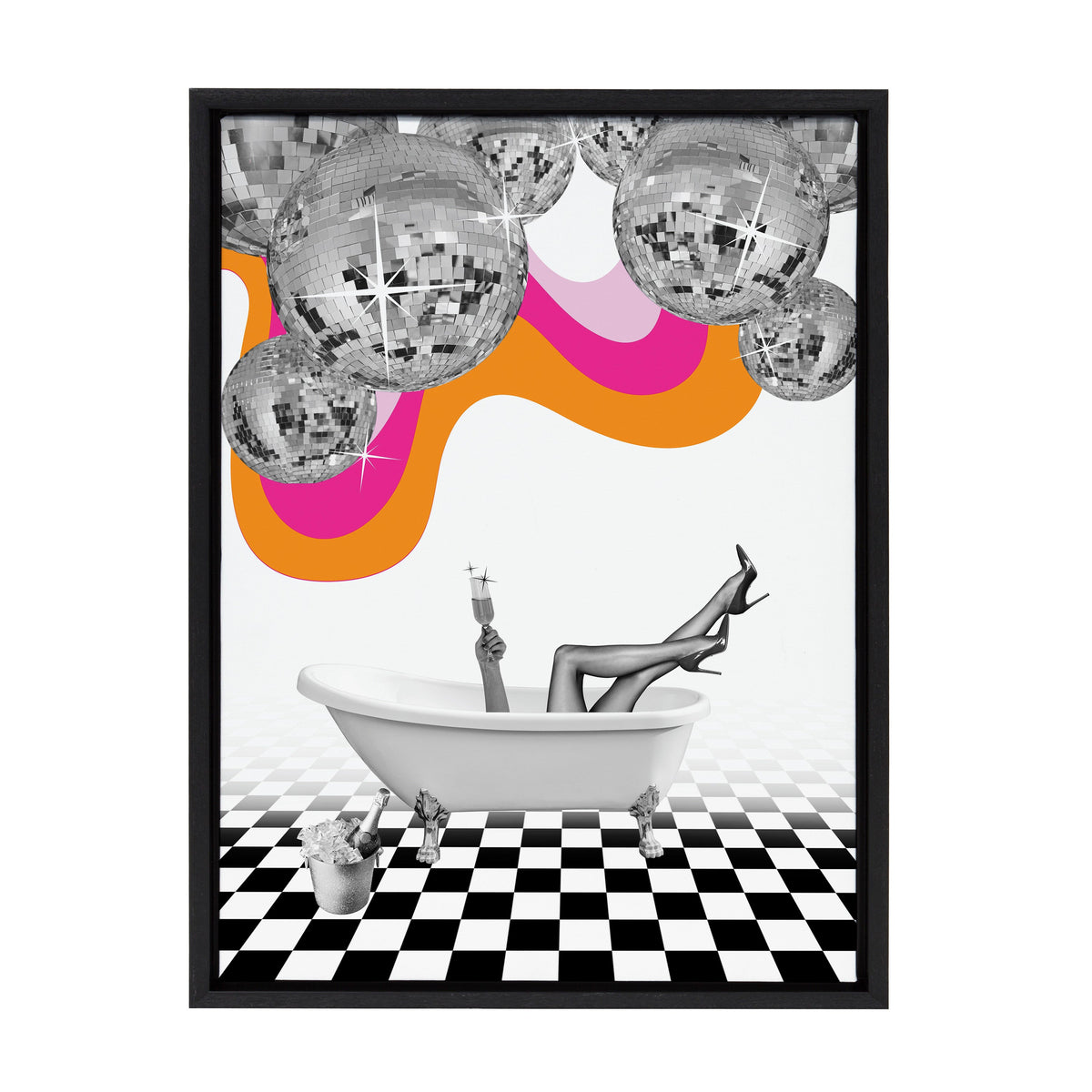 Black and white legs in high heels raised from a white clawfoot bathtub on black and white checkered floor, with large silver disco balls and a retro orange and pink wave background.