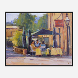 Impressionistic painting of three people seated at a small outdoor cafe table under a dark green umbrella, framed by greenery and a weathered building with a red cafe sign.