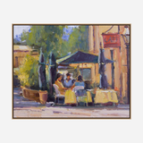 Impressionist-style painting of three people seated at an outdoor cafe table with yellow tablecloths under green umbrellas, framed by lush trees and a cafe sign.