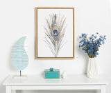 Framed canvas print of a detailed peacock feather with blue and brown hues above a white table holding a blue leaf sculpture, turquoise box, small white bird, and white vase with blue flowers.