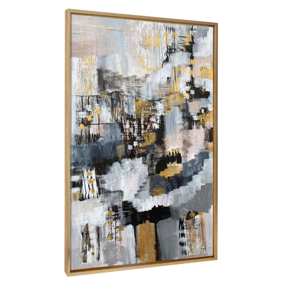 Sylvie The Industrial Revolution framed canvas art showing abstract metallic gold-hued shapes with bright gold polystyrene frame