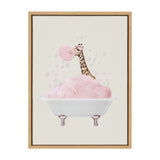 Illustration of a giraffe sitting in a white clawfoot bathtub filled with pink bubbles, blowing a large pink bubblegum bubble against a light background.