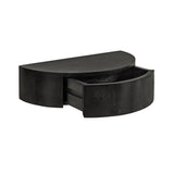Black semi-circular side table with a smooth, matte finish and a single curved drawer partially open at the front