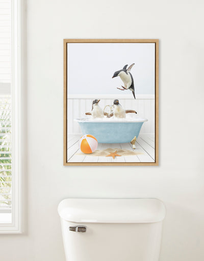 Sylvie Three Penguins Beach House Bath Framed Canvas by Amy Peterson