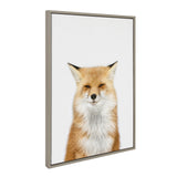 Framed canvas of a red fox with closed eyes and white chest fur against a plain white background, angled to show the frame's beige edge.