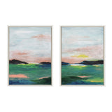 Two framed canvas paintings depicting abstract coastal landscapes with green and blue water, dark land silhouettes, and pastel pink and yellow sky hues.