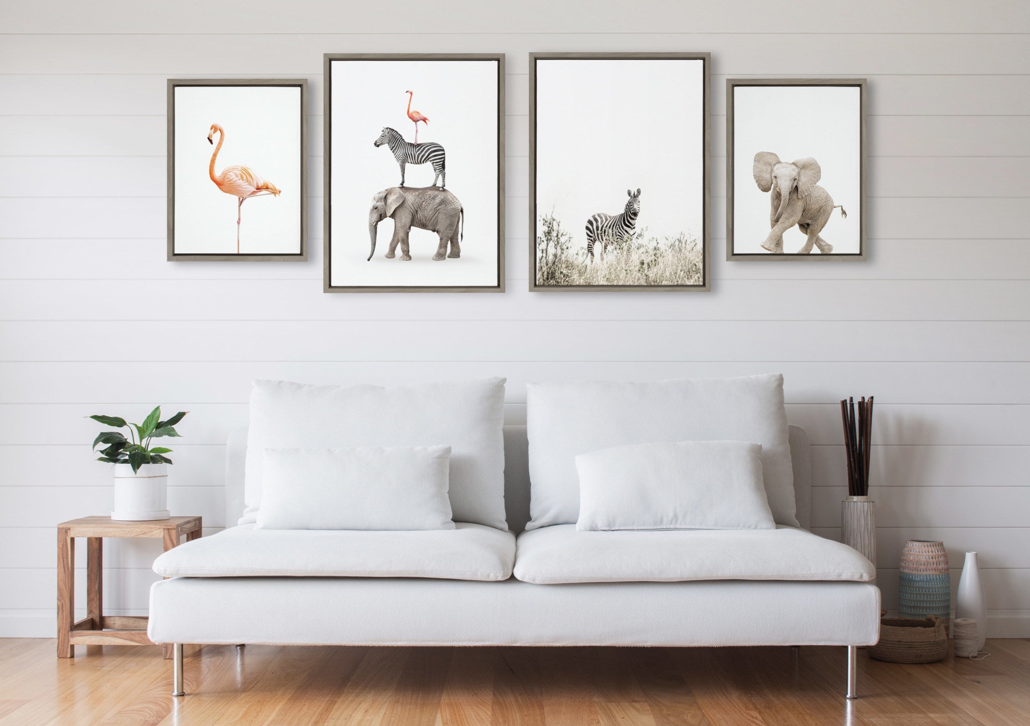 Sylvie Zebra in Tall Grass, Flamingo Standing, Baby Elephant Walk and Stacked Safari Animals Framed Canvas Art Set by Amy Peterson Art Studio