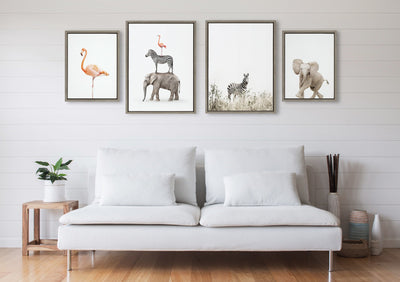 Sylvie Zebra in Tall Grass, Flamingo Standing, Baby Elephant Walk and Stacked Safari Animals Framed Canvas Art Set by Amy Peterson Art Studio