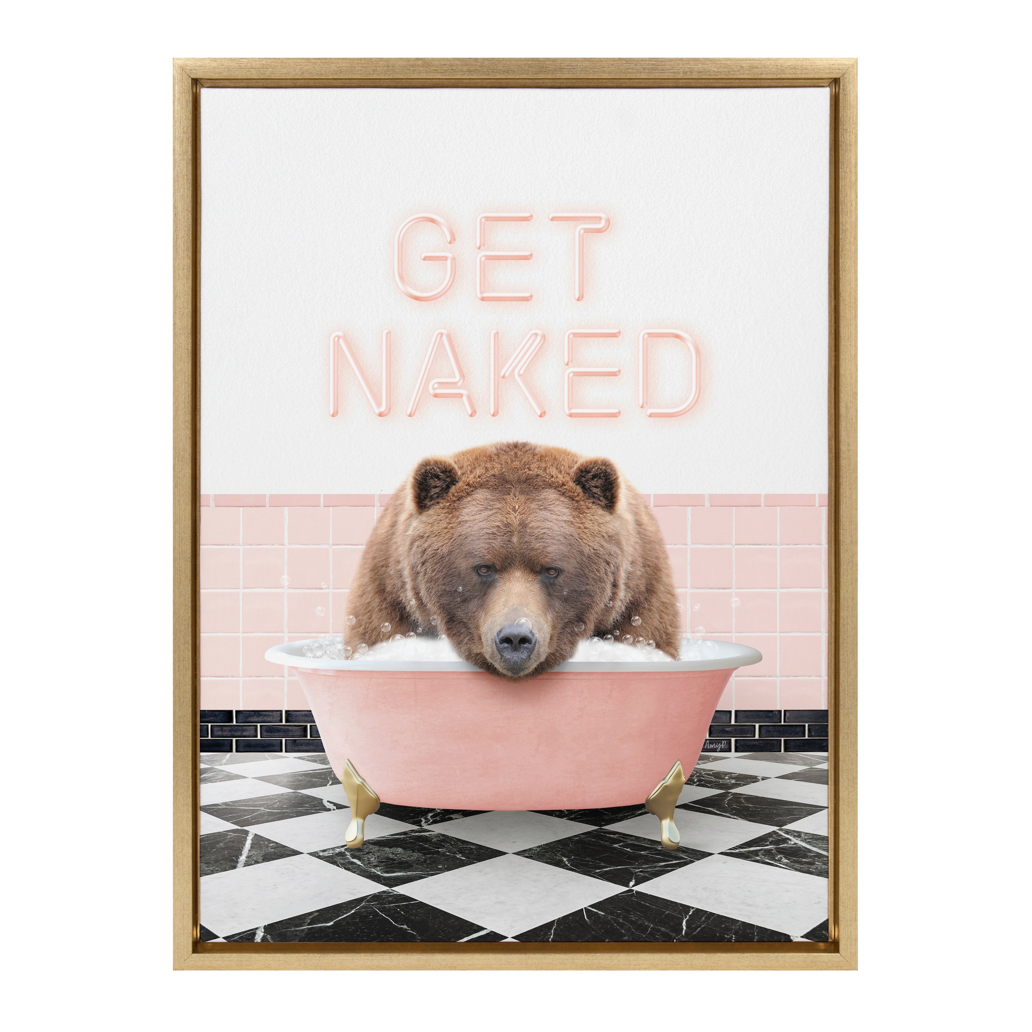 Sylvie Big Bear Retro Neon Sign Bath Framed Canvas by Amy Peterson