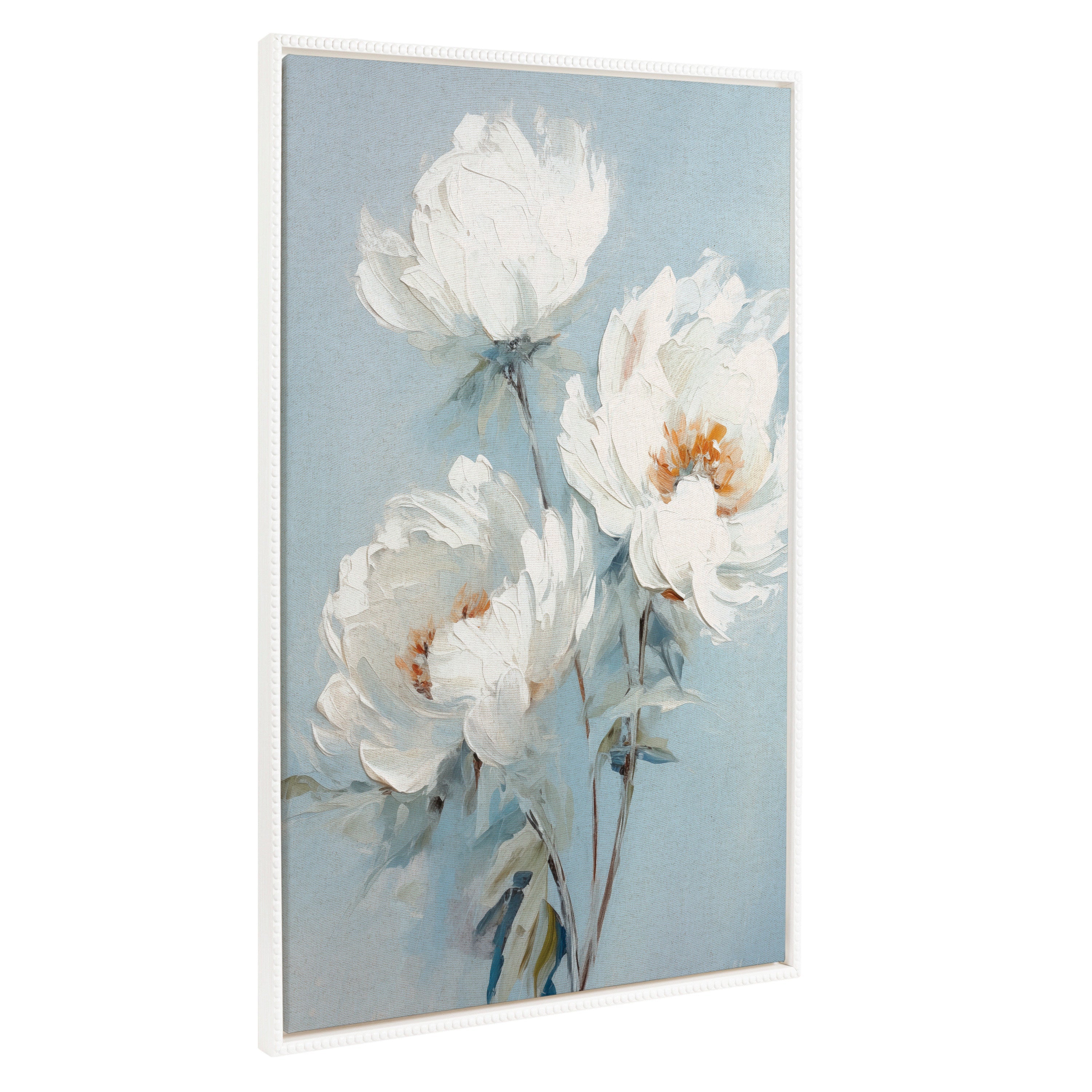 Framed canvas artwork of white peonies on ocean blue background with vintage beaded white frame