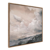 Framed canvas painting depicting a misty landscape with rolling hills beneath a sepia-toned sky filled with billowing clouds.
