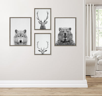 Sylvie Deer, Wolf, Bear European and Cervus Elaphus Black and White Framed Canvas Art Set