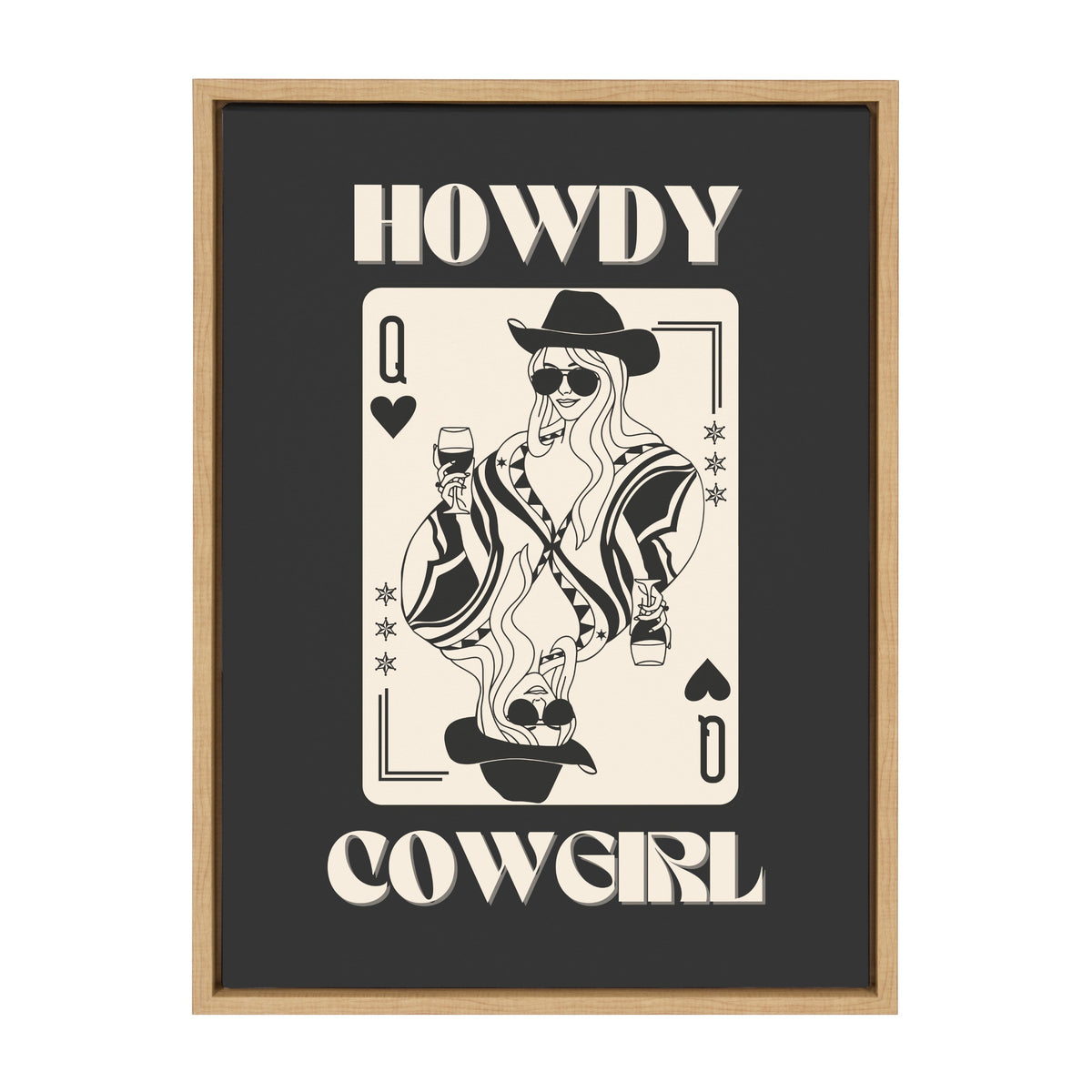 Illustration of a playing card queen with long hair, sunglasses, and a cowboy hat holding a drink, framed with text 'HOWDY COWGIRL' on black background.