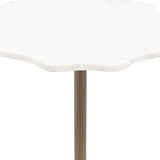 Round white marble tabletop with scalloped edges supported by a single slender cylindrical metal base in a matte finish.