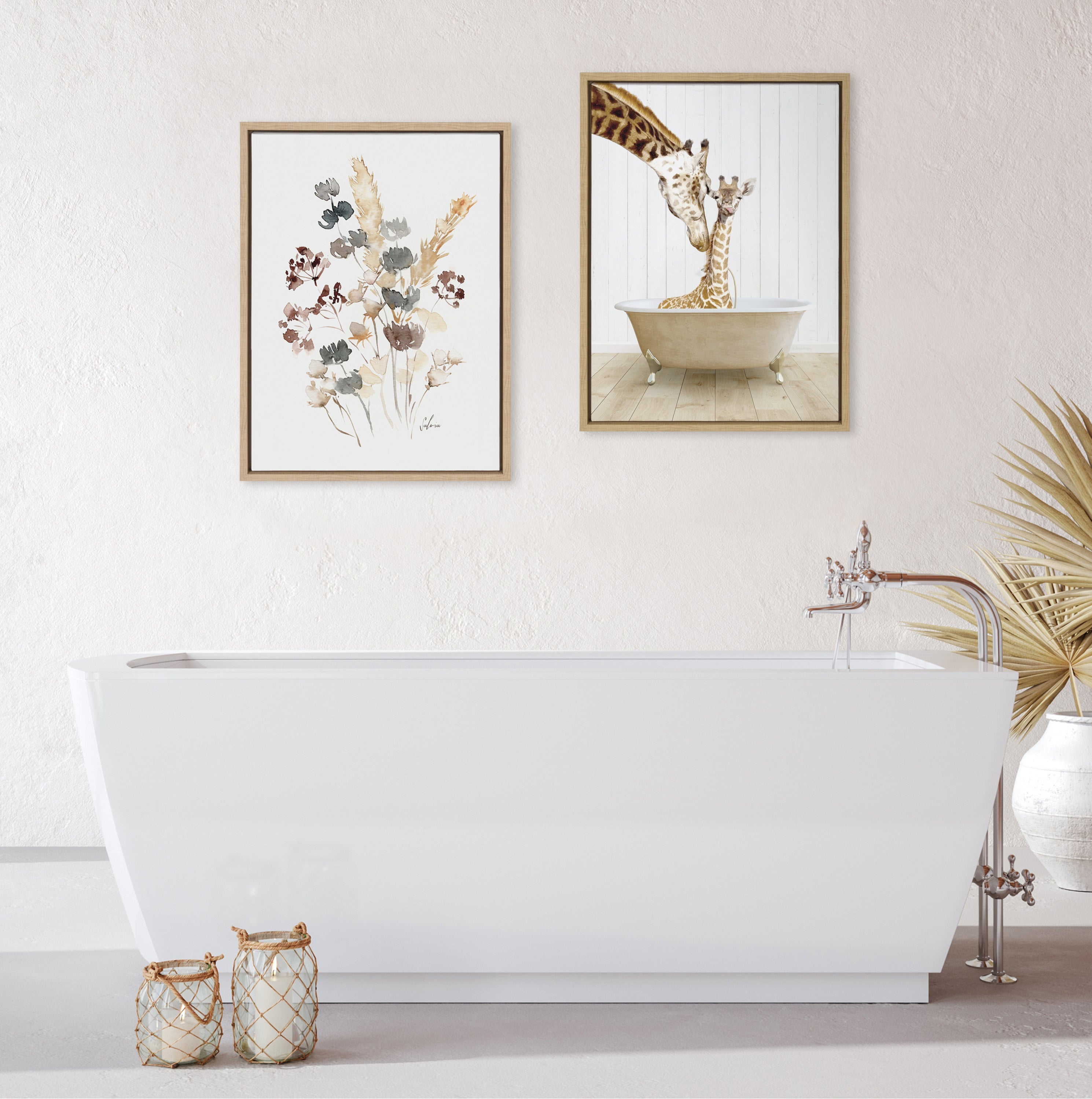 Sylvie Mother and Baby Giraffe Farmhouse Bath Framed Canvas by kateandlaurel - product image 5 for Resin Society