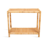 Compact rectangular console table made of tightly woven natural rattan with a second lower shelf mirroring the top surface pattern.