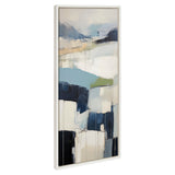 Abstract painting with layered blocks and strokes in blue, beige, and white tones with hints of green, framed in a narrow white frame, viewed from an angle.