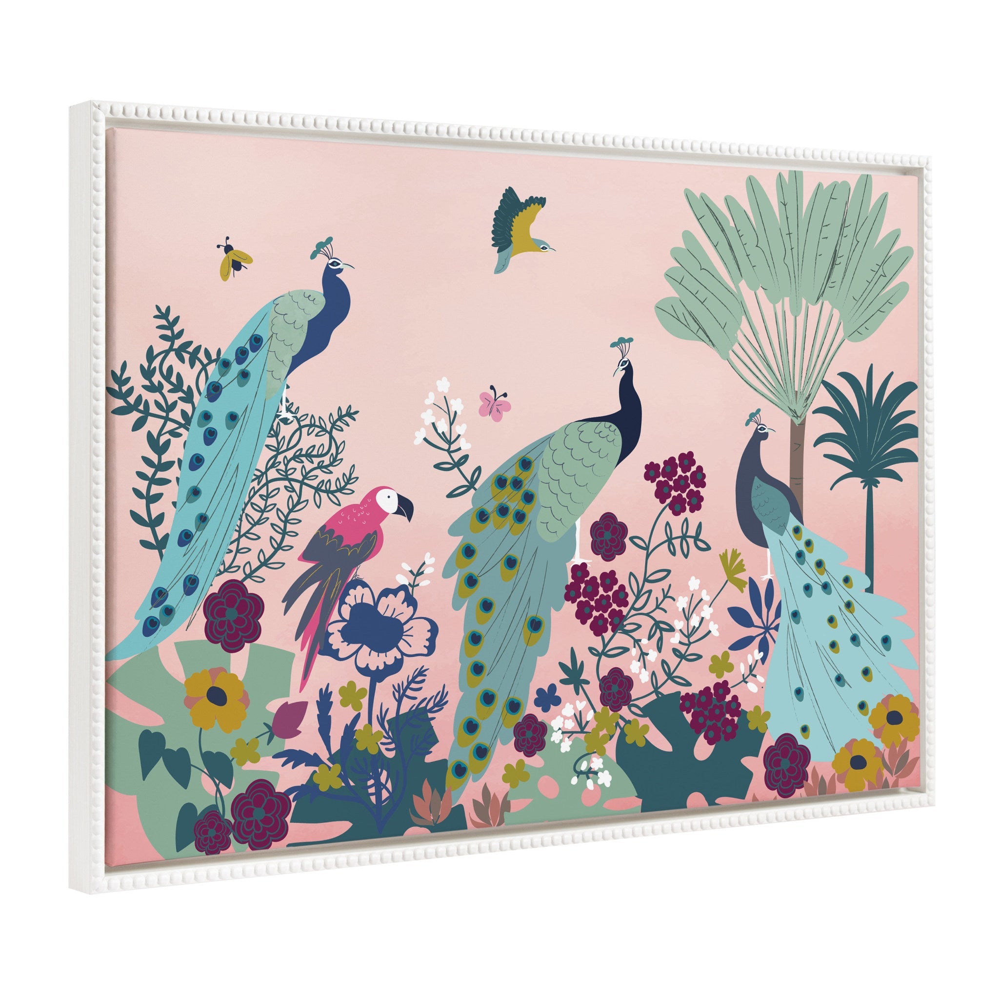 Framed canvas artwork titled '938 Peacock Paradise' featuring a vibrant peacock illustration with vintage beaded frame