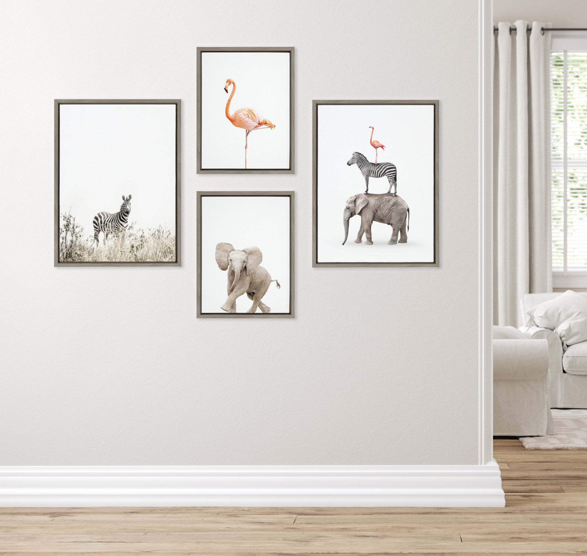 Sylvie Zebra in Tall Grass, Flamingo Standing, Baby Elephant Walk and Stacked Safari Animals Framed Canvas Art Set by Amy Peterson Art Studio