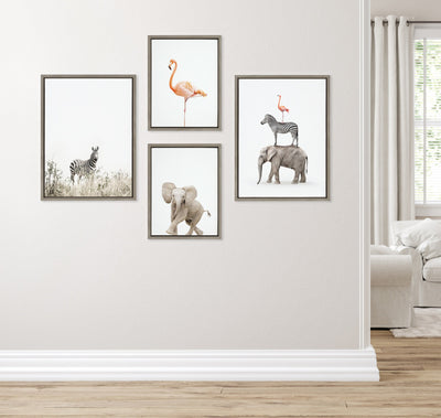 Sylvie Zebra in Tall Grass, Flamingo Standing, Baby Elephant Walk and Stacked Safari Animals Framed Canvas Art Set by Amy Peterson Art Studio