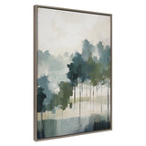 Vertical canvas painting with abstract trees in shades of blue and green against a soft beige background, framed in a thin brown frame.