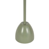 Close-up of a light green, dome-shaped metal base supporting a slender vertical pole against a white background.