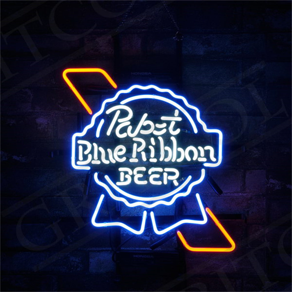 Neon sign of a Pabst Blue Ribbon Beer logo with bright blue lettering and red diagonal stripes on a dark wall background.