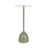Acari Round Drink Table with clear acrylic top and bell-shaped iron base in a room setting