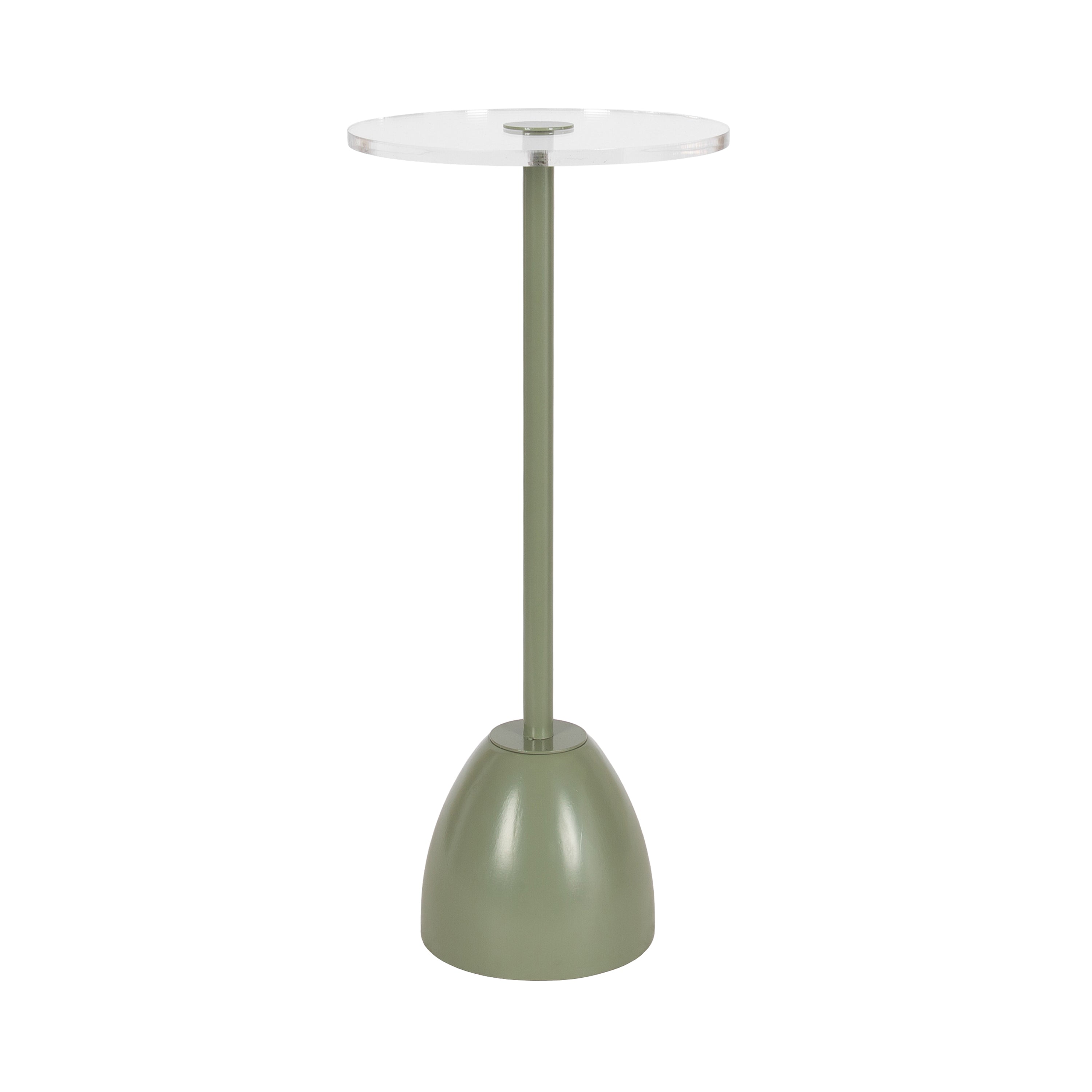 Acari Round Drink Table with clear acrylic top and bell-shaped iron base in a room setting