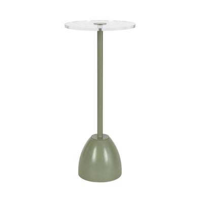 Acari Round Drink Table with clear acrylic top and bell-shaped iron base in a room setting