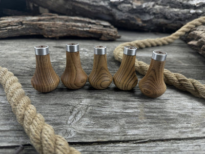 Set of 5 ergonomic palm grip handles for wood carving tools made from ash wood with aluminum rings