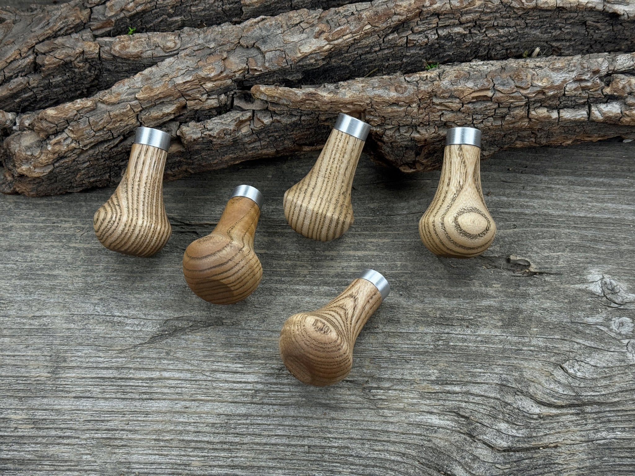 Set of 5 ergonomic palm grip handles for wood carving tools made from ash wood with aluminum rings