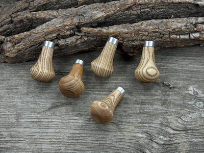 Set of 5 ergonomic palm grip handles for wood carving tools made from ash wood with aluminum rings