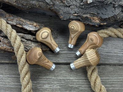 Set of 5 ergonomic palm grip handles for wood carving tools made from ash wood with aluminum rings