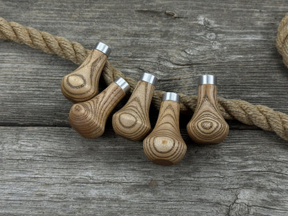Set of 5 ergonomic palm grip handles for wood carving tools made from ash wood with aluminum rings