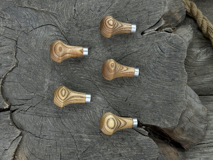 Set of 5 ergonomic palm grip handles for wood carving tools made from ash wood with aluminum rings