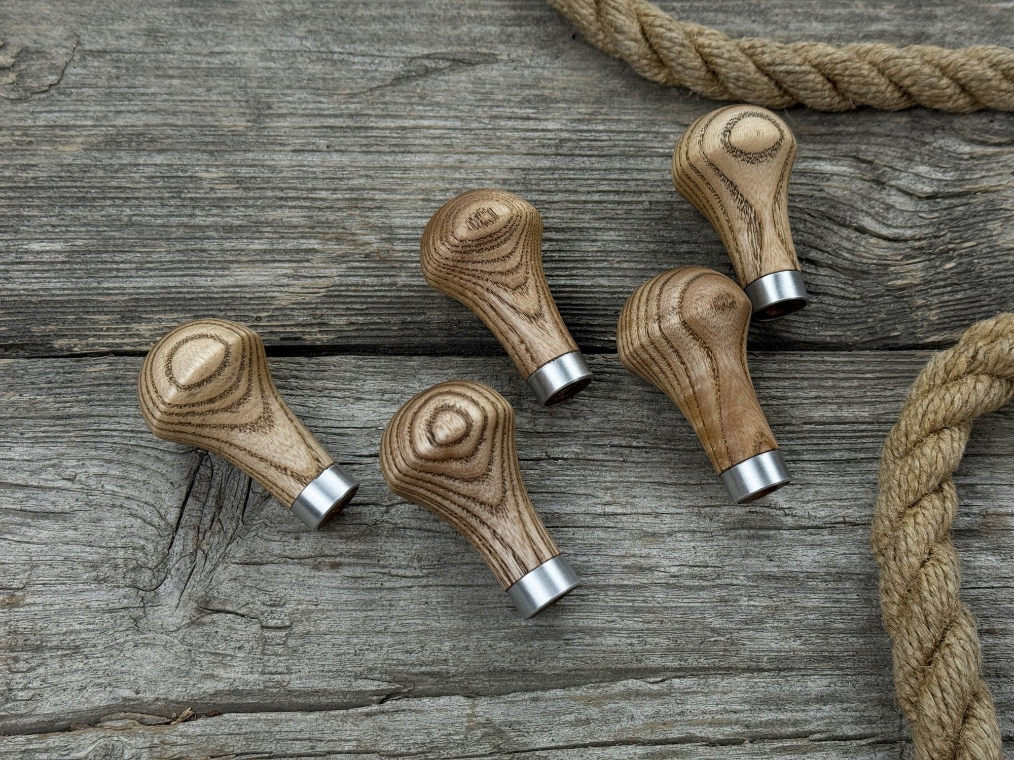 Set of 5 ergonomic palm grip handles for wood carving tools made from ash wood with aluminum rings
