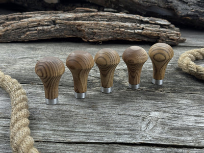 Set of 5 ergonomic palm grip handles for wood carving tools made from ash wood with aluminum rings