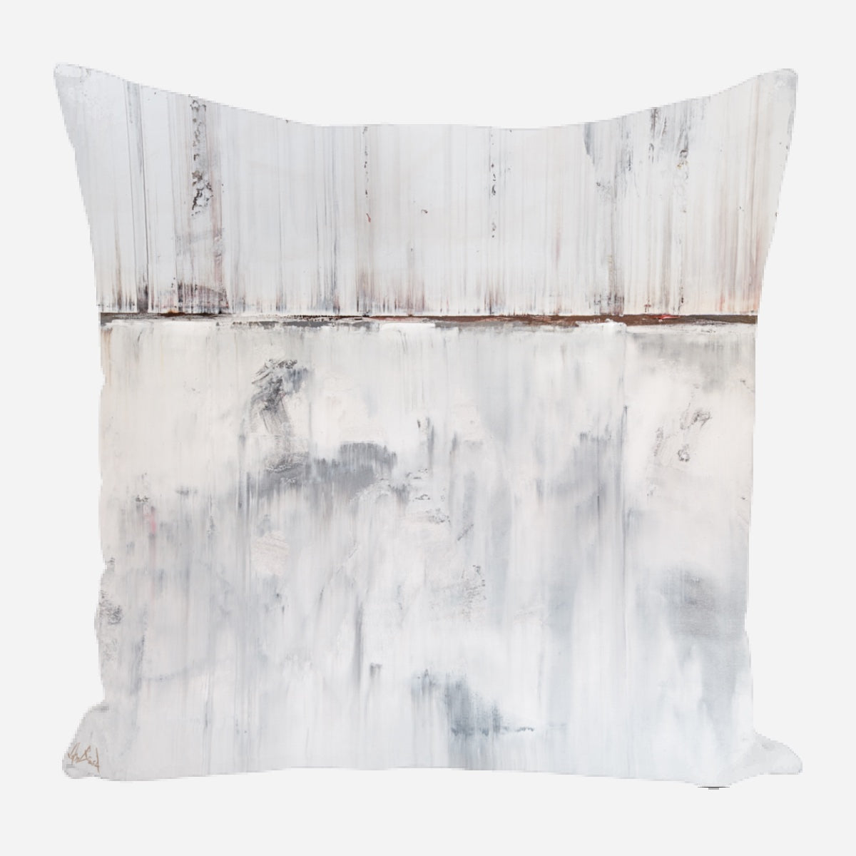 Square pillow with abstract white and gray vertical streaks resembling weathered wooden panels, featuring subtle rust and charcoal accents.