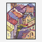 Abstract impressionist painting of a village with colorful rooftops and buildings in shades of purple, red, yellow, and beige, featuring bold brushstrokes and a narrow street winding through.
