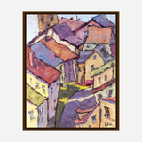 Expressive painting of a narrow village street with colorful rooftops in shades of red, purple, and ochre, framed in warm brown wood.