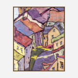 Abstract town scene in muted purples, reds, and yellows, with tilted rooftops and winding streets viewed from above, rendered in bold brushstrokes on canvas.